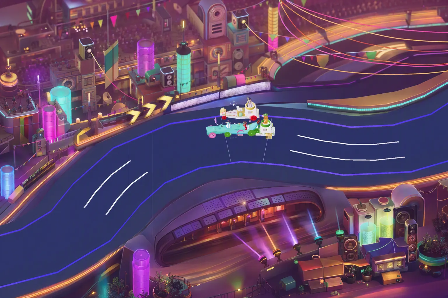 Current Racerverse racers drafting through a curved board-game track